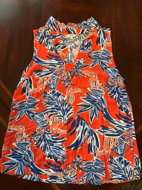 crown & ivy Coral and Blue Printed Ruffle Tank